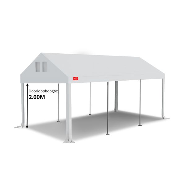 Dit dakdoek is brandvertragend gecertificeerd, heeft koperen zeilringen in het dak zitten en is volledig gemaakt van waterdicht pvc. De doorloophoogte van dit dak is 2.00 meter en er zijn 4 legcovers inbegrepen.