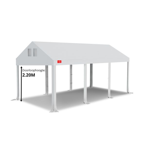 Dit dakdoek is brandvertragend gecertificeerd, heeft koperen zeilringen in het dak zitten en is volledig gemaakt van waterdicht pvc. De doorloophoogte van dit dak is 2.20 meter en er zijn 8 legcovers inbegrepen.
