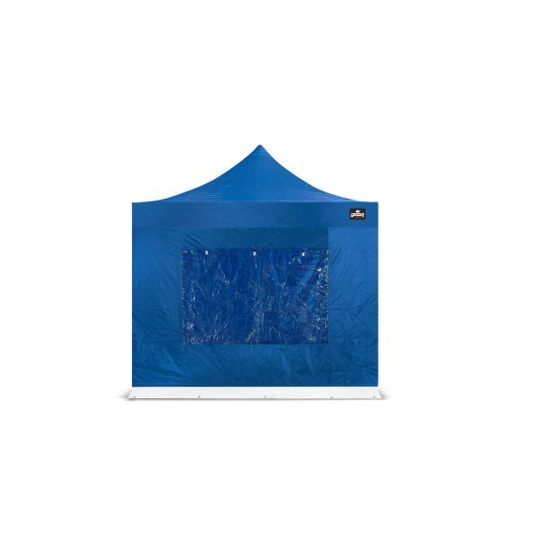 Zijwand 3 meter met raam blauw. Raam is af te dekken met oprolbaar doek.