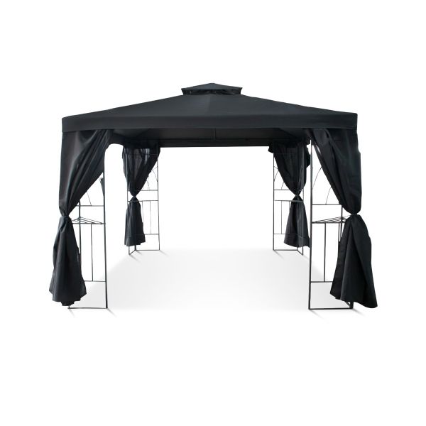 Dit graciosa paviljoen is in de antraciet kleur en heeft een windvanger. Verder gaan de zijwanden van dit 3x3 paviljoen rondom het frame. Dit betekent dus als de zijwanden dicht zijn, het frame aan de binnenkant zit.