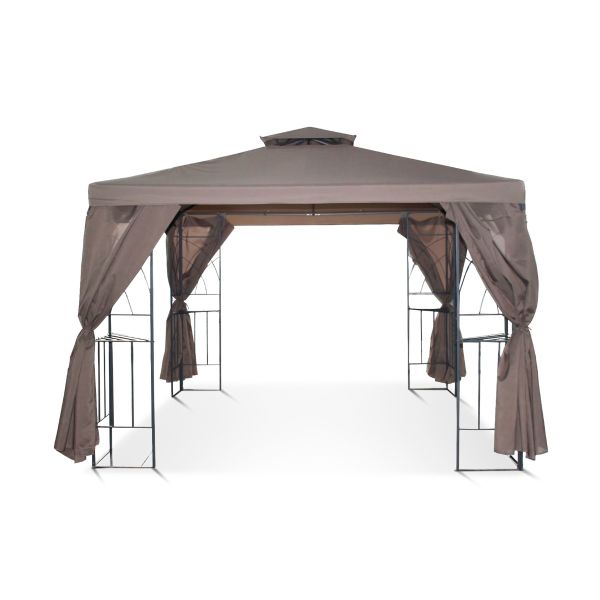 Dit graciosa paviljoen is in de taupe kleur en heeft een windvanger. Verder gaan de zijwanden van dit 3x3 paviljoen rondom het frame. Dit betekent dus als de zijwanden dicht zijn, het frame aan de binnenkant zit.