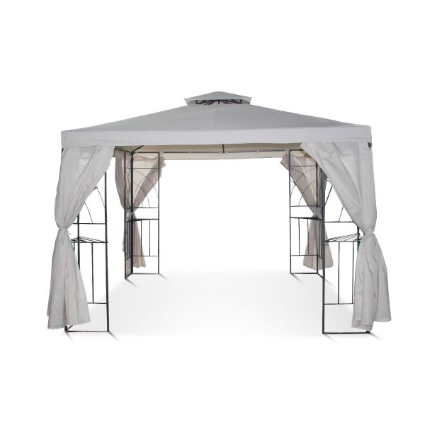 Dit graciosa paviljoen is in de zilverzand kleur en heeft een windvanger. Verder gaan de zijwanden van dit 3x3 paviljoen rondom het frame. Dit betekent dus als de zijwanden dicht zijn, het frame aan de binnenkant zit.