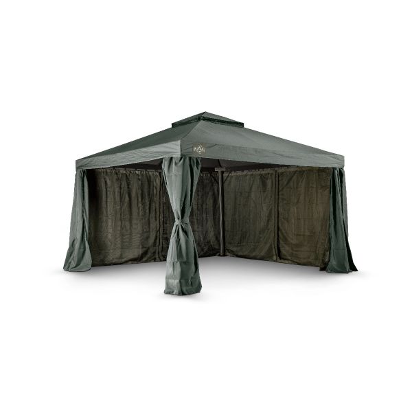 Het Grizzly Europe paviljoen 3,5x3,5 meter bevat vier muskiettennetten en vier zijwanden om in elkaar te ritsen. Ook zit er een windvanger bij het paviljoen. De zijwanden gaan buitenom de palen heen.