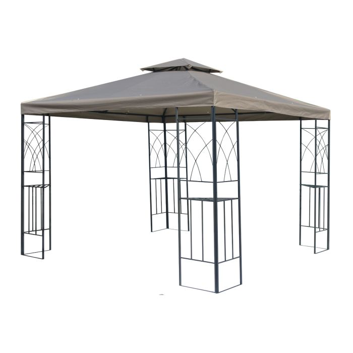Het graciosa 3x3 paviljoen zonder zijwanden heeft een sierlijk patroon in het frame verworven gekregen. Elke poot is een hoek waar een bijgeleverd rekje extra ruimte geeft.