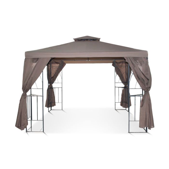 Dit graciosa paviljoen is in de taupe kleur en heeft een windvanger. Verder gaan de zijwanden van dit 3x3 paviljoen rondom het frame. Dit betekent dus als de zijwanden dicht zijn, het frame aan de binnenkant zit.