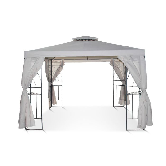 Dit graciosa paviljoen is in de zilverzand kleur en heeft een windvanger. Verder gaan de zijwanden van dit 3x3 paviljoen rondom het frame. Dit betekent dus als de zijwanden dicht zijn, het frame aan de binnenkant zit.