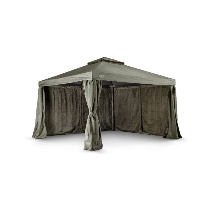 Het Grizzly Europe paviljoen 3,5x3,5 meter bevat vier muskiettennetten en vier zijwanden om in elkaar te ritsen. Ook zit er een windvanger bij het paviljoen. De zijwanden gaan buitenom de palen heen.