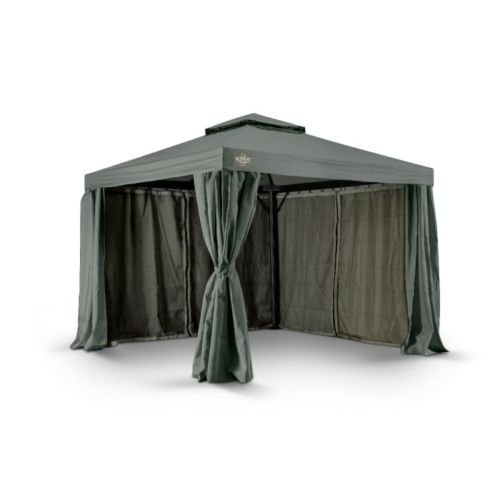 Dit grizzly europe paviljoen heeft vier zijwanden, vier muskiettennetten en er zit ook een windvanger in. Ook zit tussen elke hoek en ligger een schoor, om te zorgen dat het paviljoen steviger staat. Het paviljoen heeft ronde poten.