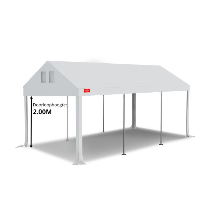 Dit dakdoek is brandvertragend gecertificeerd, heeft koperen zeilringen in het dak zitten en is volledig gemaakt van waterdicht pvc. De doorloophoogte van dit dak is 2.00 meter en er zijn 4 legcovers inbegrepen.