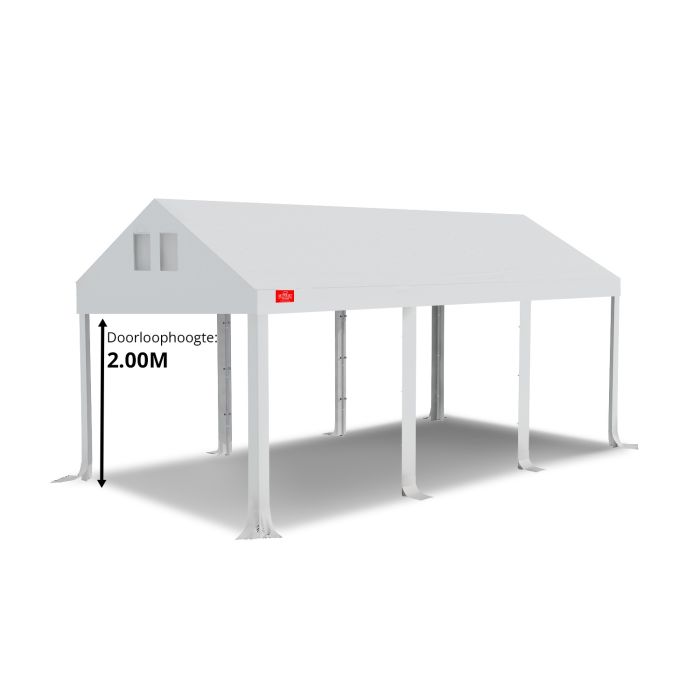 Dit dakdoek is brandvertragend gecertificeerd, heeft koperen zeilringen in het dak zitten en is volledig gemaakt van waterdicht pvc. De doorloophoogte van dit dak is 2.00 meter en er zijn 8 legcovers inbegrepen.