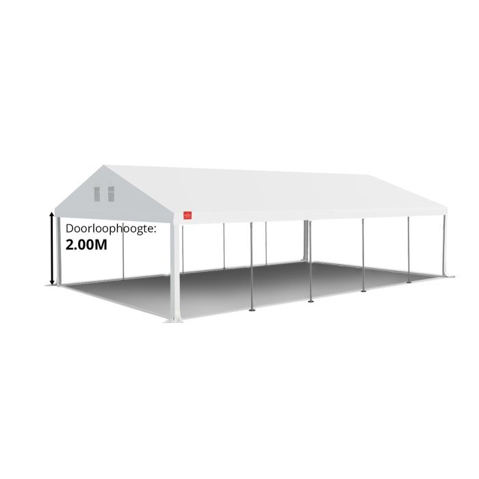 Dit dakdoek is brandvertragend gecertificeerd, heeft koperen zeilringen in het dak zitten en is volledig gemaakt van waterdicht pvc. De doorloophoogte van dit dak is 2.00 meter en er zijn 4 legcovers inbegrepen.