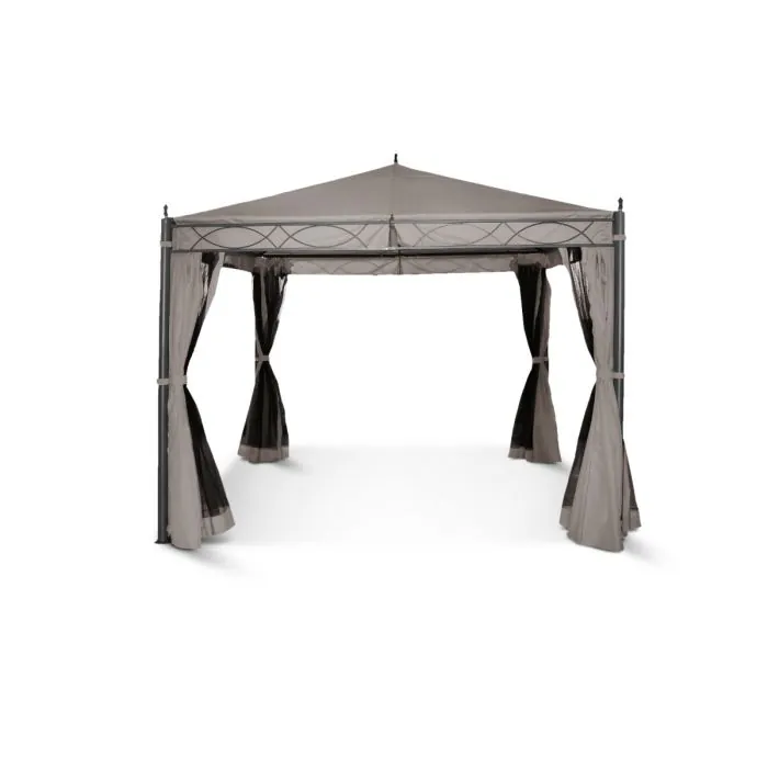 Dit dessert taupe paviljoen is 3x3 en heeft op elke hoek een uitstekende punt naar boven. Het dak valt aan de rand van het frame naar binnen, en de zijwanden zitten ook aan de binnenkant van het frame.