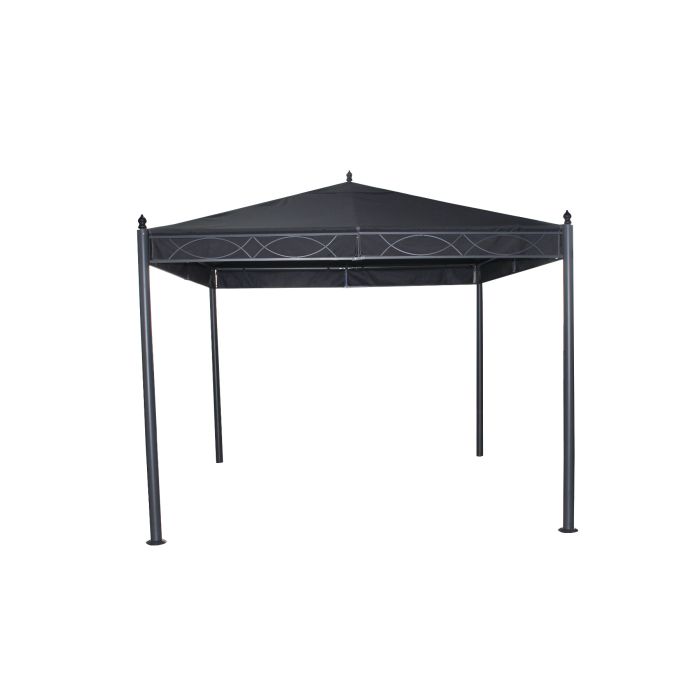 Dit dessert antraciet paviljoen is 3x3 en heeft op elke hoek een uitstekende punt naar boven. Het dak valt aan de rand van het frame naar binnen. De palen zijn rond.