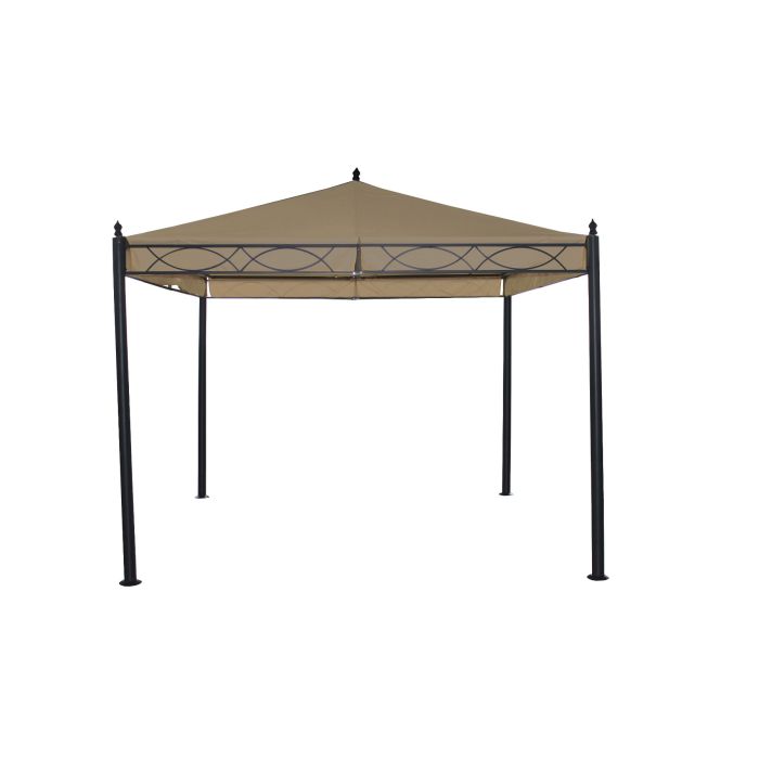 Dit dessert taupe paviljoen is 3x3 en heeft op elke hoek een uitstekende punt naar boven. Het dak valt aan de rand van het frame naar binnen. De palen zijn rond.