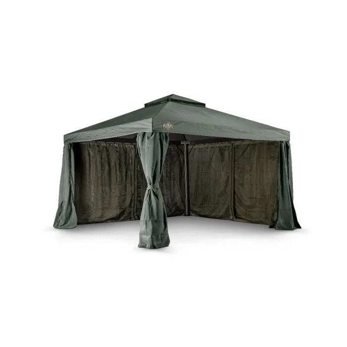 Het Grizzly Europe paviljoen 3,5x3,5 meter bevat vier muskiettennetten en vier zijwanden om in elkaar te ritsen. Ook zit er een windvanger bij het paviljoen. De zijwanden gaan buitenom de palen heen.