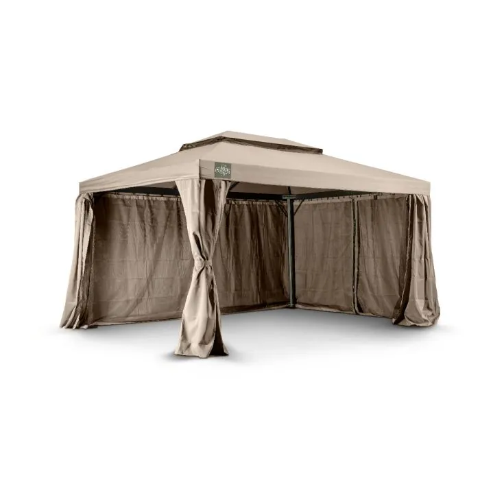 Het Grizzly Europe paviljoen 3x4 meter bevat vier muskiettennetten en vier zijwanden om in elkaar te ritsen. Ook zit er een windvanger bij het paviljoen. De zijwanden gaan buitenom de palen heen.