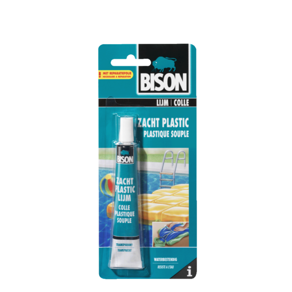 Zacht plastic om gaatjes te repareren voor je partytent. Kleine tube met pvc lijm.