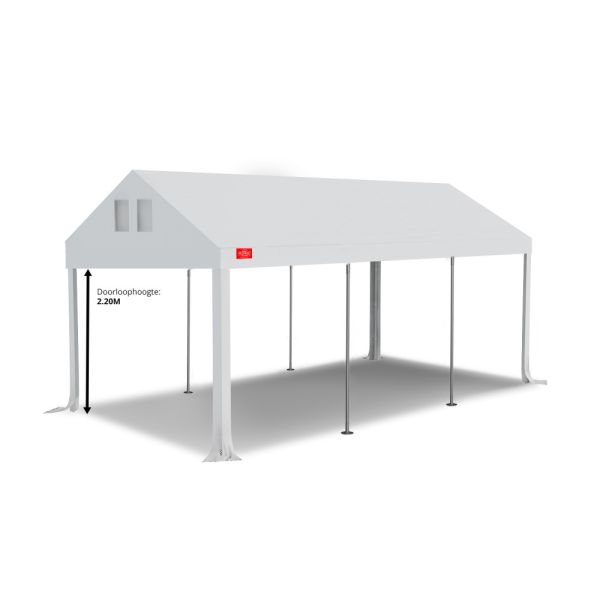 Dit dakdoek is brandvertragend gecertificeerd, heeft koperen zeilringen in het dak zitten en is volledig gemaakt van waterdicht pvc. De doorloophoogte van dit dak is 2.20 meter en er zijn 4 legcovers inbegrepen.