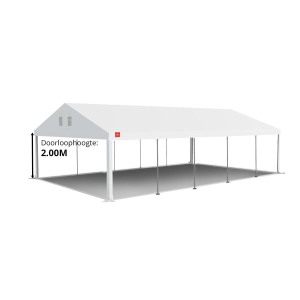 Dit dakdoek is brandvertragend gecertificeerd, heeft koperen zeilringen in het dak zitten en is volledig gemaakt van waterdicht pvc. De doorloophoogte van dit dak is 2.00 meter en er zijn 4 legcovers inbegrepen.