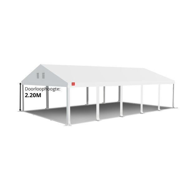Dit dakdoek is brandvertragend gecertificeerd, heeft koperen zeilringen in het dak zitten en is volledig gemaakt van waterdicht pvc. De doorloophoogte van dit dak is 2.20 meter en er zijn 12 legcovers inbegrepen.