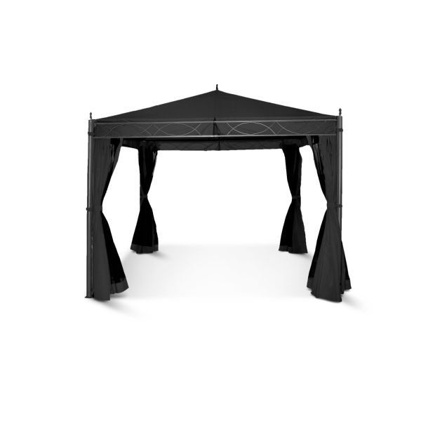 Dit dessert antraciet paviljoen is 3x3 en heeft op elke hoek een uitstekende punt naar boven. Het dak valt aan de rand van het frame naar binnen, en de zijwanden zitten ook aan de binnenkant van het frame.