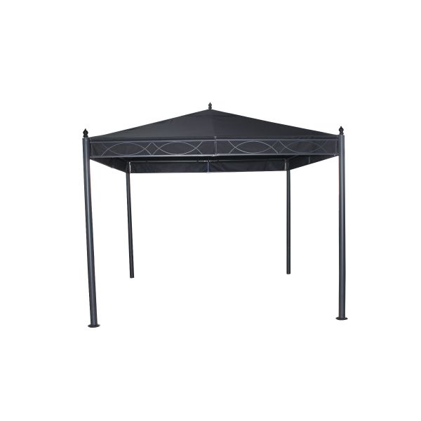 Dit dessert antraciet paviljoen is 3x3 en heeft op elke hoek een uitstekende punt naar boven. Het dak valt aan de rand van het frame naar binnen. De palen zijn rond.