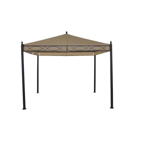 Dit dessert taupe paviljoen is 3x3 en heeft op elke hoek een uitstekende punt naar boven. Het dak valt aan de rand van het frame naar binnen. De palen zijn rond.