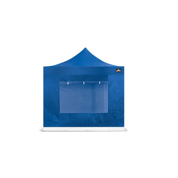 Zijwand 3 meter met raam blauw. Raam is af te dekken met oprolbaar doek.