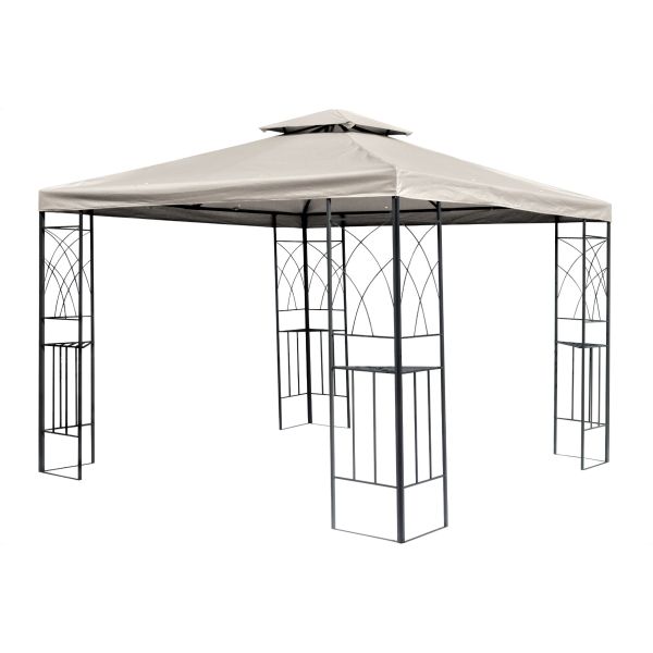 Het graciosa 3x3 paviljoen zonder zijwanden heeft een sierlijk patroon in het frame verworven gekregen. Elke poot is een hoek waar een bijgeleverd rekje extra ruimte geeft.