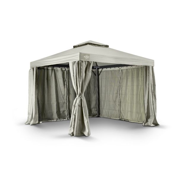 Dit grizzly europe paviljoen heeft vier zijwanden, vier muskiettennetten en er zit ook een windvanger in. Ook zit tussen elke hoek en ligger een schoor, om te zorgen dat het paviljoen steviger staat. Het paviljoen heeft ronde poten.