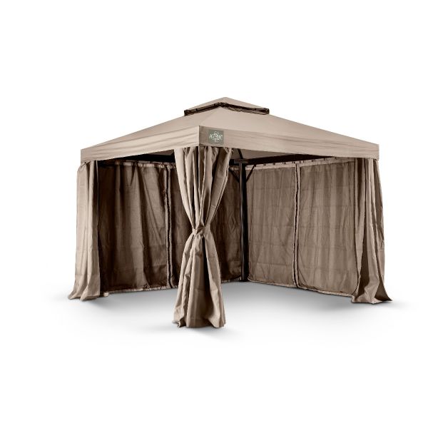 Dit grizzly europe paviljoen heeft vier zijwanden, vier muskiettennetten en er zit ook een windvanger in. Ook zit tussen elke hoek en ligger een schoor, om te zorgen dat het paviljoen steviger staat. Het paviljoen heeft ronde poten.