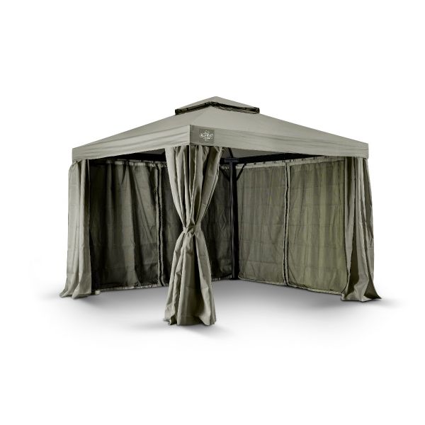 Dit grizzly europe paviljoen heeft vier zijwanden, vier muskiettennetten en er zit ook een windvanger in. Ook zit tussen elke hoek en ligger een schoor, om te zorgen dat het paviljoen steviger staat. Het paviljoen heeft ronde poten.