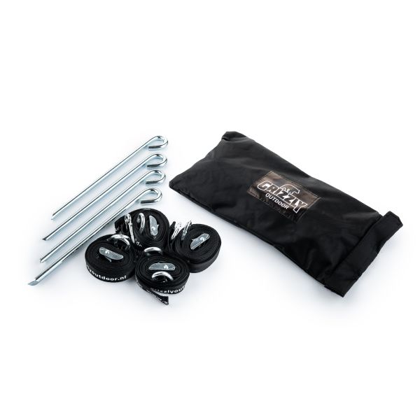 spanbandenset voor de easy-up tent. Bevat: 4 haringen en 4 spanbanden met klemgesp en karabijnhaken.