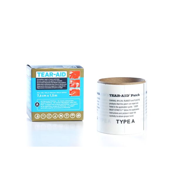 Tear aid rol type A komt met een rol om alle scheuren en gaten in alle materialen behalve vinyl of pvc te dichten. De rol heeft een dikte van 7.6centimeter x 1,5 meter