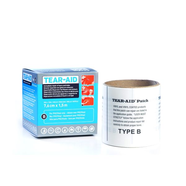 Tear aid rol type B komt met een rol om alle scheuren en gaten in pvc materiaal te dichten. De rol heeft een dikte van 7.6centimeter x 1,5 meter