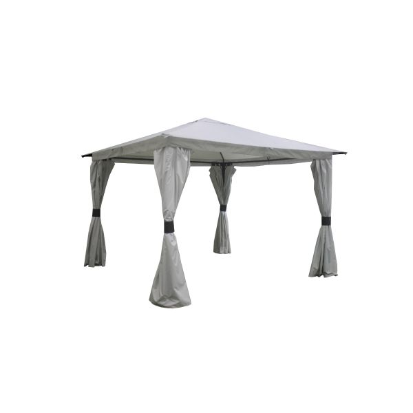 Het sahara paviljoen heeft zijwanden die vastgebonden kunnen worden aan de palen. Verder heeft het dak een 35 centimeter uitsteek over de palen. Dit zorgt voor de 3.30x3.30 maat.